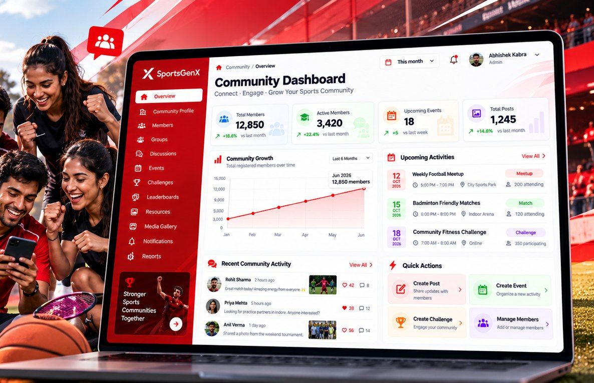 SportsGenX community dashboard showing members, upcoming activities and recent posts
